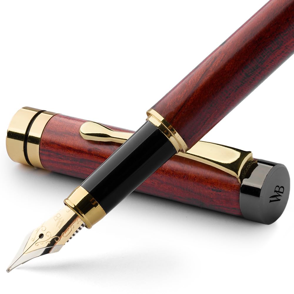 Wordsworth Black Fountain Pen Premium Bamboo Fine Gift Case 6 Ink Cartridges and Ink Refill Converter Smooth Writing & Set, - Nib, Included; -