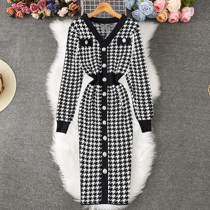 

Осень-зима Женский элегантный V-образный вырез с узором «гусиная лапка» Вязаный свитер для офиса Тонкие облегающие платья-футляры One Size чёрный