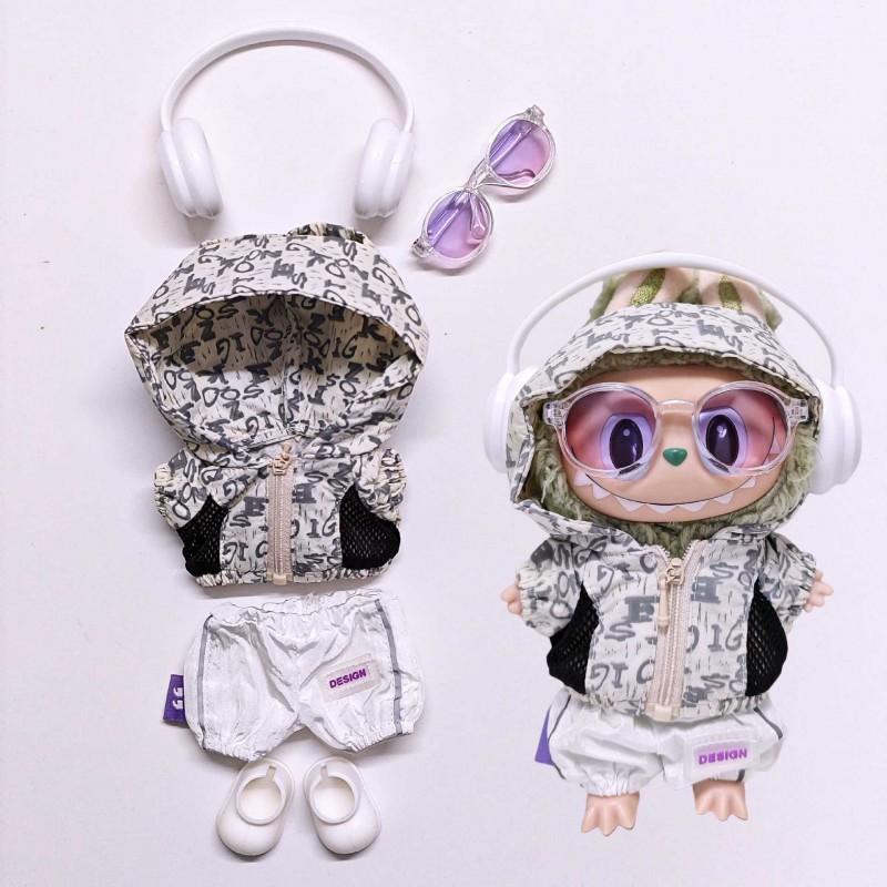 Labubu Doll Outfit Set 15cm 17cm Fashion Hooded Sun Protection Pants Headphones Glasses 4 Or 5 Piece Toy Clothing
