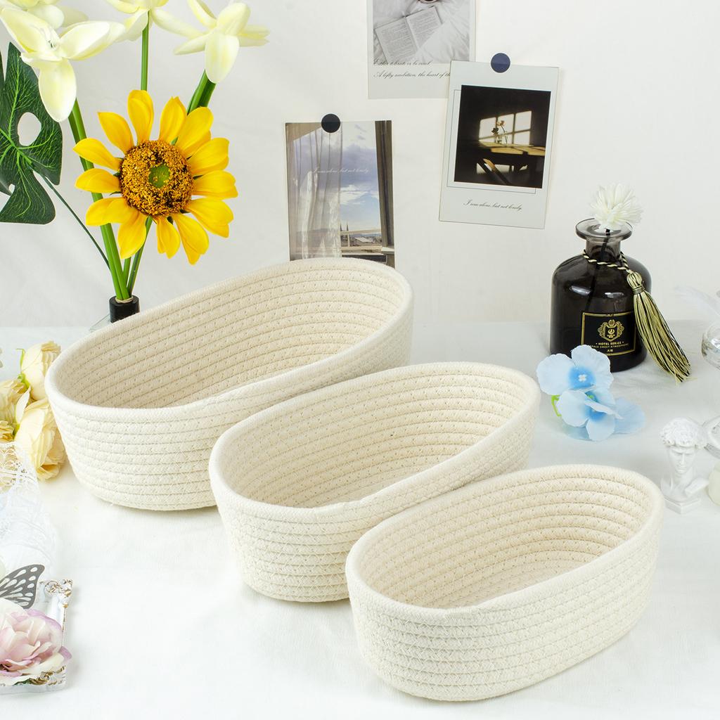 3pcs Cute Storage Baskets for Daily Items, Small Oragnizer Natural Cotton Rope Woven Baskets Bin Tiny Oval Storage Easter Basket