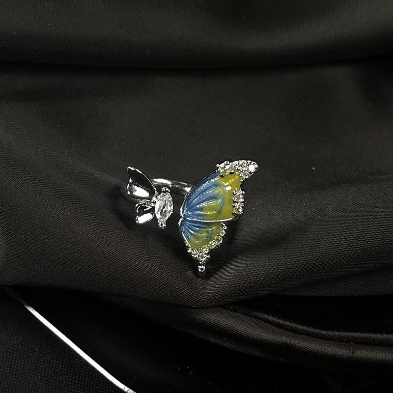 Butterfly Dripping Oil Open Ring, Personality, Niche Design, Cold Wind Ring, Stacked Index Finger Ring, Female