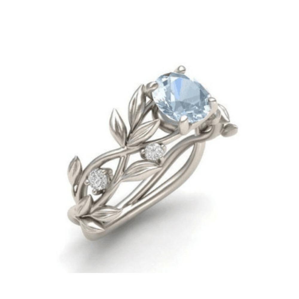 Elegant Princess Olive Leaf Engagement Ring Set with Diamond and Blue Zircon for Women
