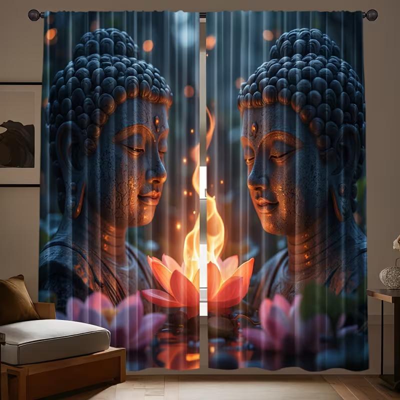 2 Pcs Buddha statue print curtains,suitable for bedroom,living room kitchen decoration,home decoration,window decoration
