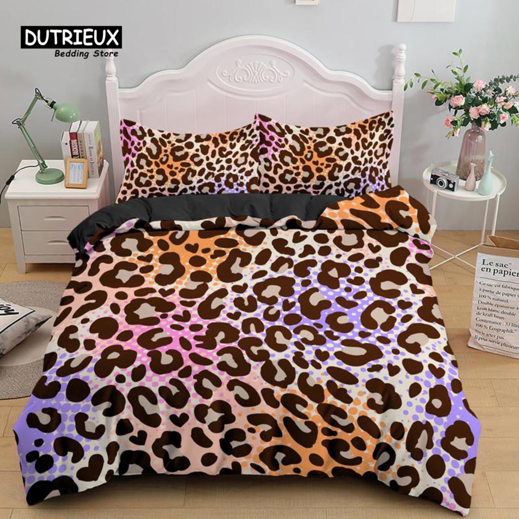 Colorful Leopard Print Bedding Set Microfiber Animal Skin Pattern Print Duvet Cover For Teens Adults Pillowcases Bedroom Decor