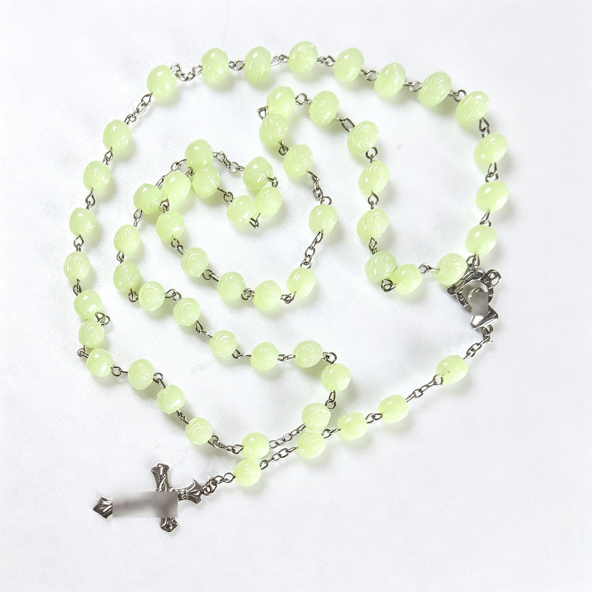 Glow-in-the-Dark Rose Bead Cross Necklace with Alloy Pendant Electroplated
