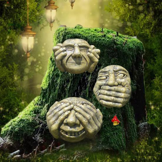 Funny Tree Face Outdoor No Hear No See No Speak Face Statue Garden Tree Hugger Yard Art Decorations for Home Wall Fences Door