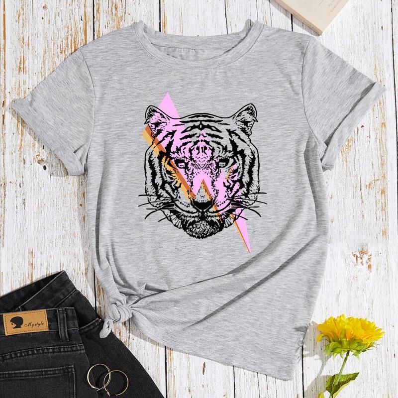 

Летние женские футболки из чистого хлопка с принтом «молния тигр» с большим круглым вырезом и короткими рукавами 3XL светло-серый