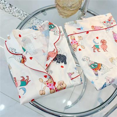 Print Pajamas Women Silk Like Cute Dog Two Pieces Set Long Sleeve Tops Full Length Pants Lounge Spring Autumn