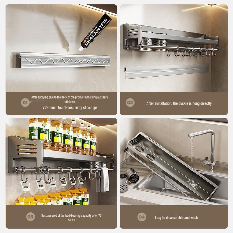 Wall-Mounted Stainless Steel Kitchen Storage Rack for Seasonings, Chopsticks, and Knives