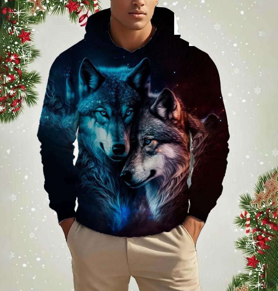 Men's Hooded Fashion Animal Wolf 3D Print Hoodies Top New Autumn Fashion Casual Long Sleeved Pullover Oversized Sweatshirts