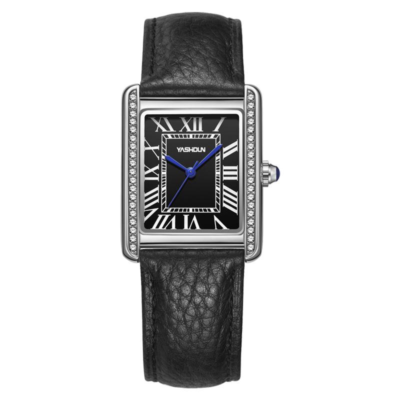 YASHIDUN Retro Ladies  Square Watch with Diamond Inlaid Roman Numerals and Leather Strap.