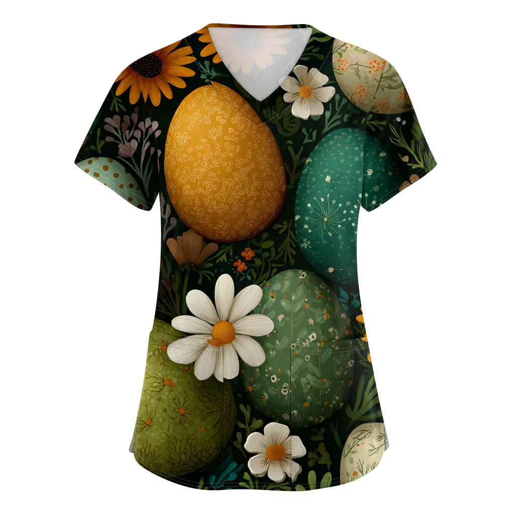 Damenmode V-Ausschnitt Kurzarm Arbeitskleidung Mit Taschen Osterdruck Oberteil Pflegekraft Uniform