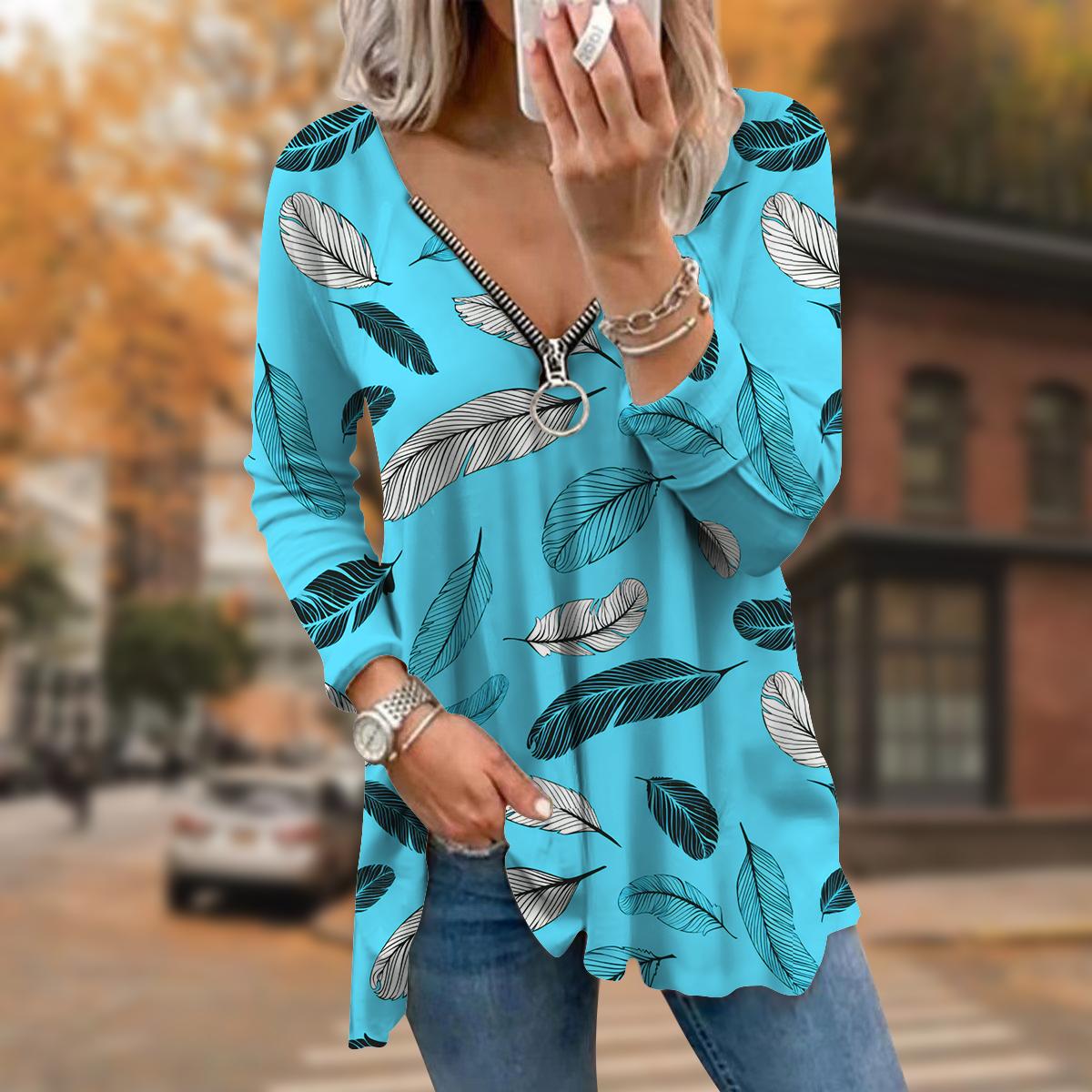 

Женские футболки с длинным рукавом и принтом в виде перьев на осень, свободные футболки больших размеров с V-образным вырезом, удобные блузки 8XL светло-синий