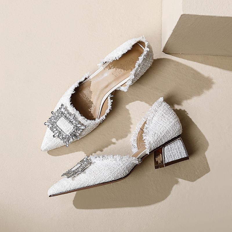 

Baotou sandals women s medium heel 2025 new summer fashion lady style hollow single shoes pointed high heels thick heel 34