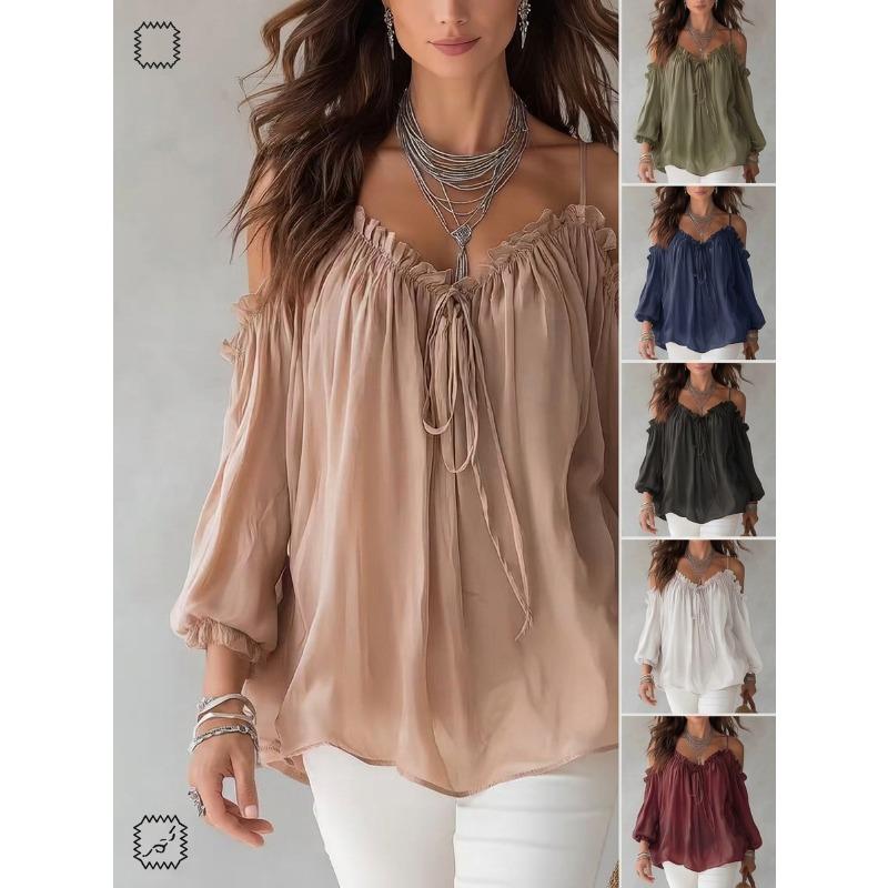 Women S Long Sleeve Blouse Ruffled Collar Loose Fit Solid Color Bohemian Style Casual Top