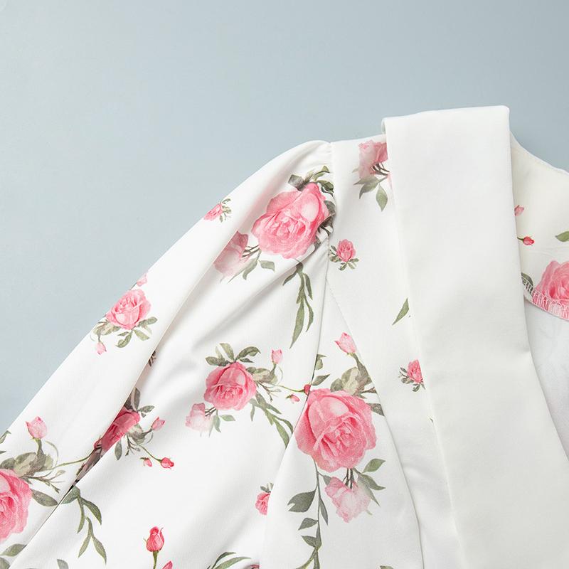 Summer Print Puff Sleeves Ruffled Dress Women's V-Neck High Waist Pearl Buttons Mini Dress Female Casual Vacation Fashion Dress