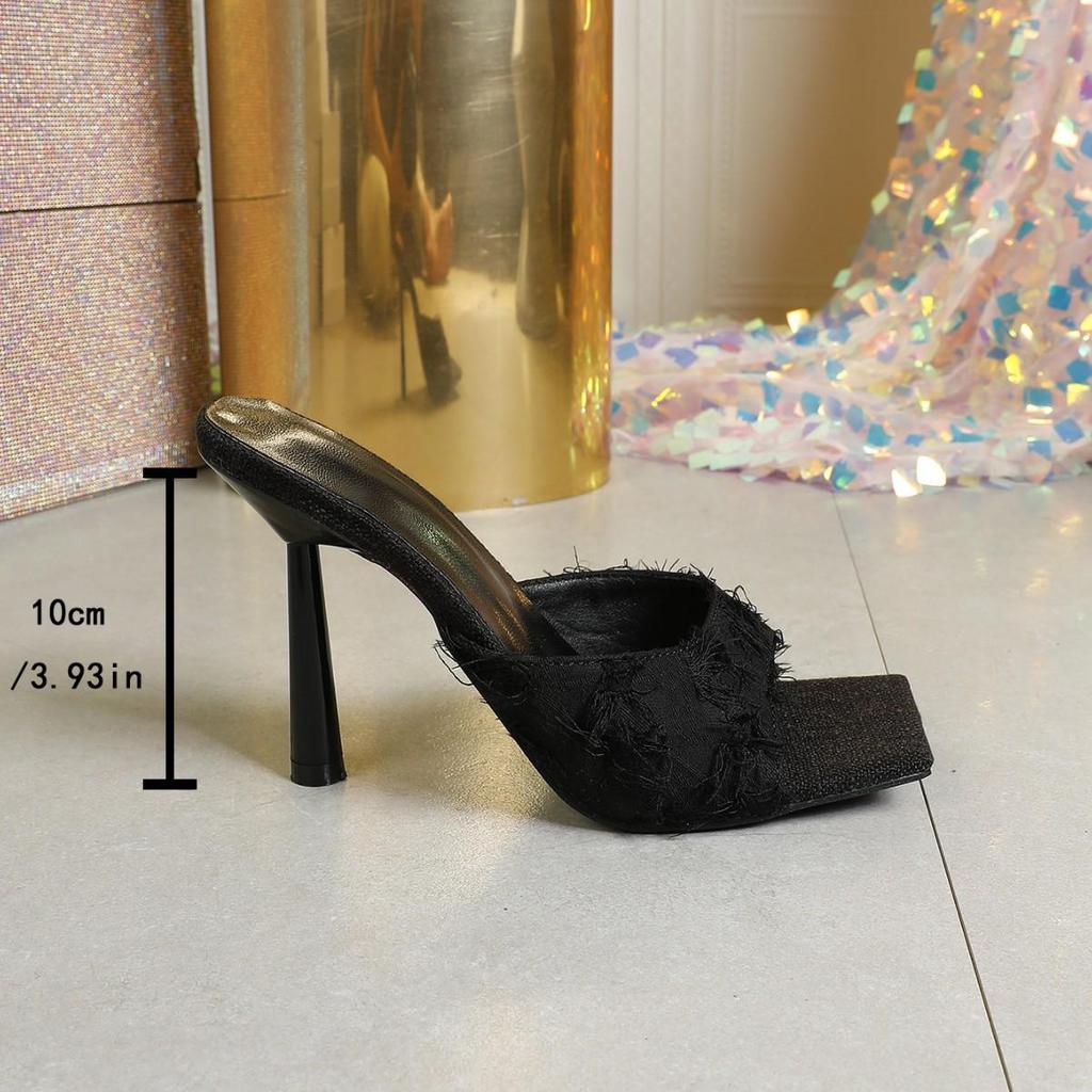 2025 New French Square & Pointed Toe Furry High Heel Slippers for Women
