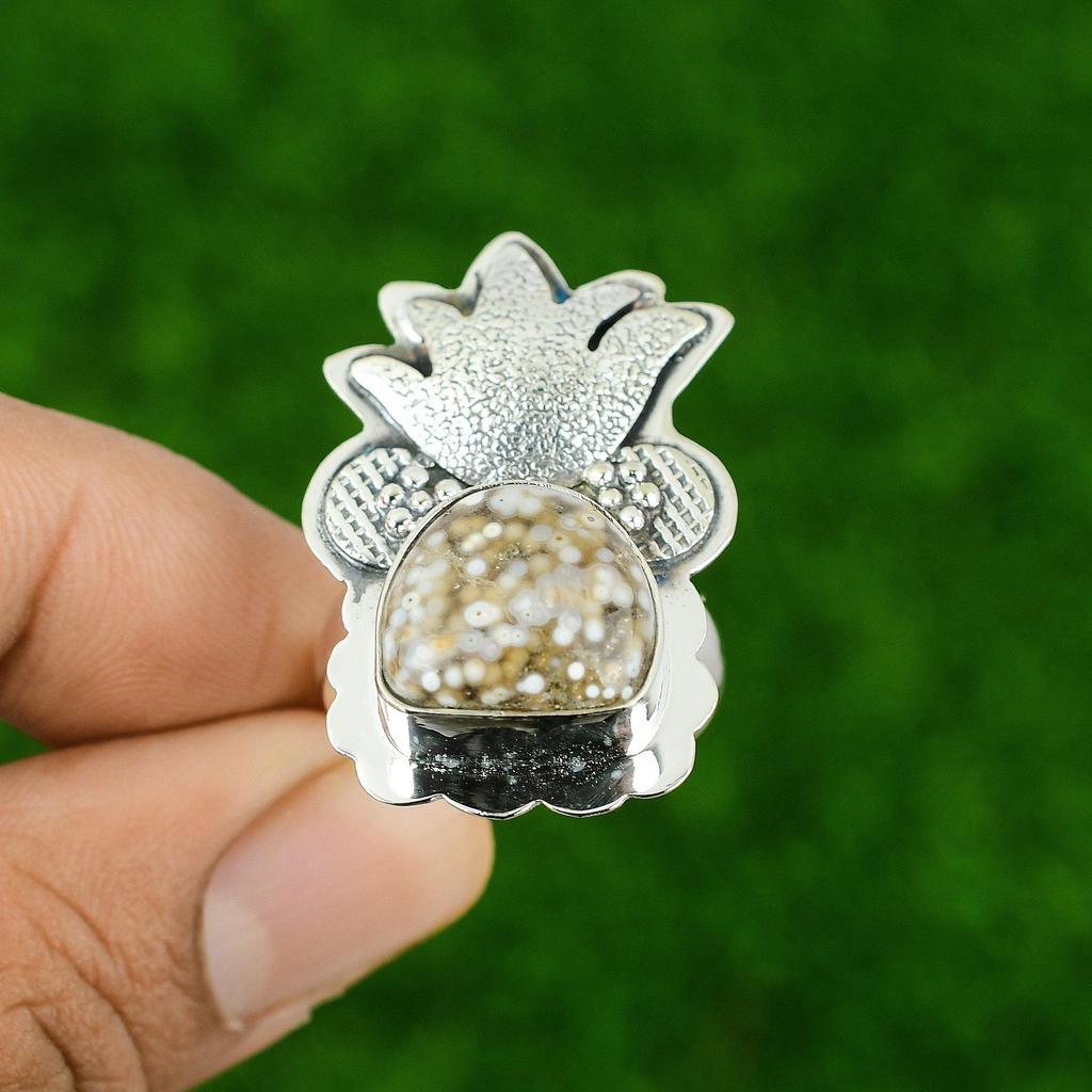 Natural Ocean Jasper 925 Silver Statement Artisan New Promise Bezel Ring Jewelry