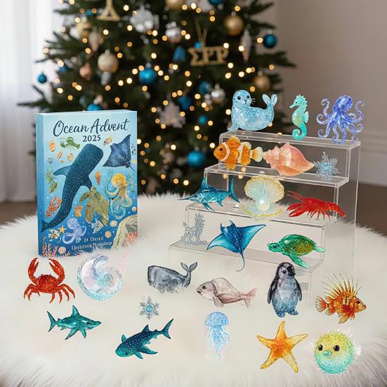 2025 Meeresleben Adventskalender 24 Tage Ozean-Themen Weihnachts-Countdown-Kalender mit 24 Ozeantier-Ornamenten für Ozeanliebhaber Kinder Sammler