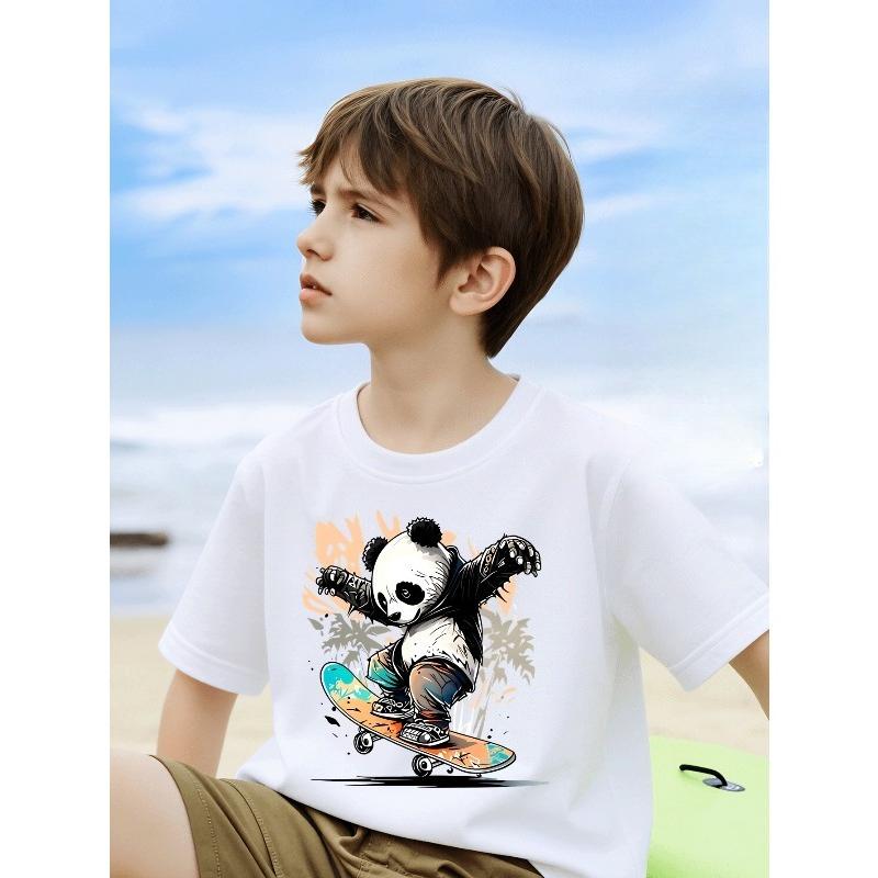 European Sizes Boys' T-Shirt Panda Skateboarding Action Graffiti, Ideal for Outdoor Activities, Soft Knitted Top, Comfortable And Breathable