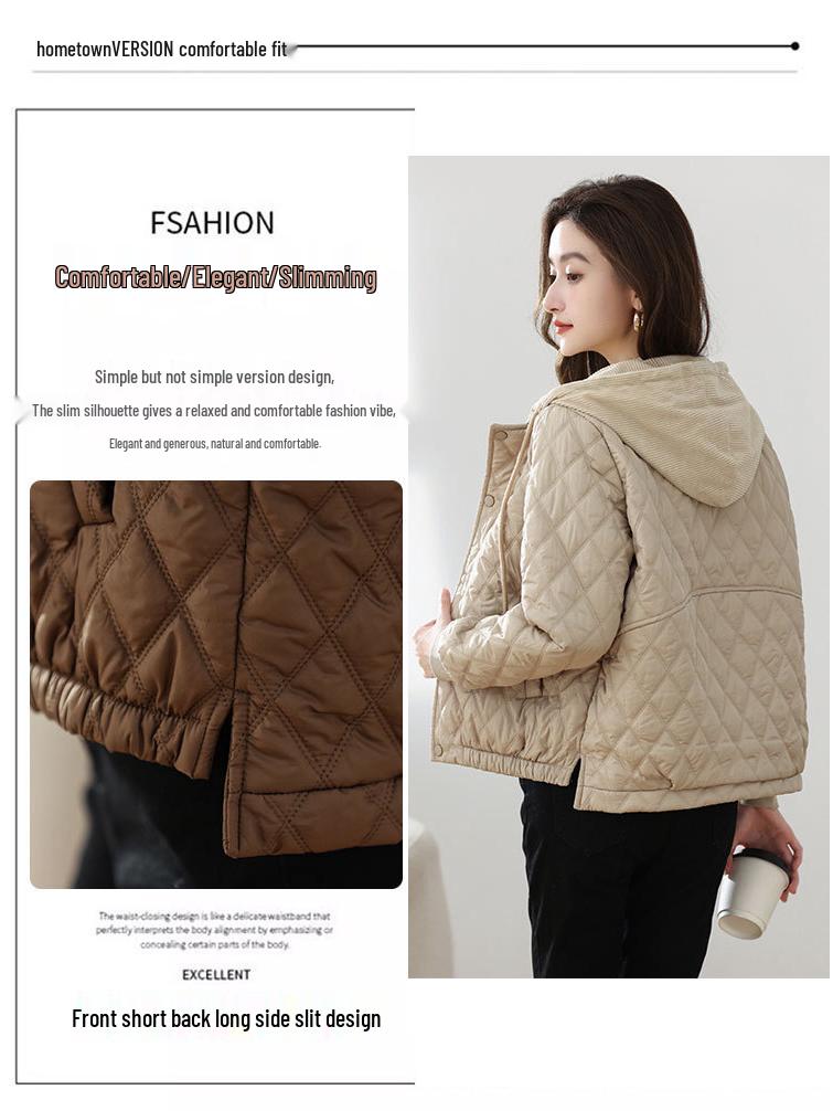 Jachetă de iarnă stil coreean argyle - Casual, ușoară, cu glugă și care subțiază.