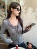 Chic Women's Winter Slim Fit V-Neck Gray Lace Trim T-Shirt