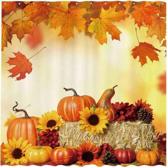 Funnytree 72"x72" Fall Pumpkins Maple Autumn Thanksgiving Sunflowers Harvest Falling Leaves Shower Curtain for Bathroom Decor Machine Washable (Hooks