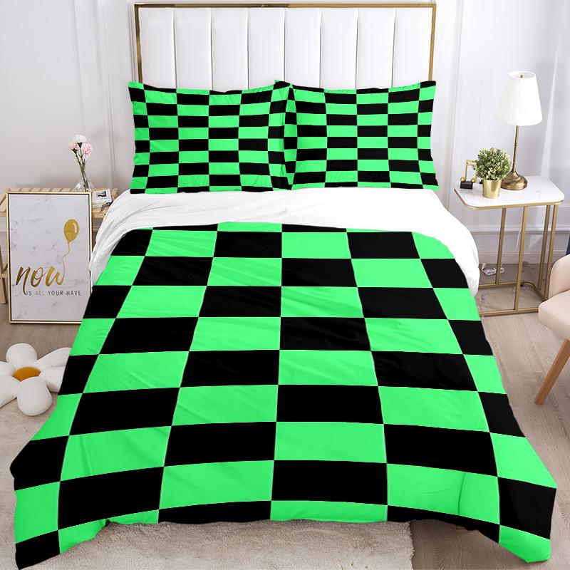 3-teiliges Bettwäsche-Set mit grün-schwarzem Karomuster für Zuhause - Universelles Dreiteiliges Set für Schlafzimmer, Gästezimmer, Wohnzimmer, Hoteldekorationen
