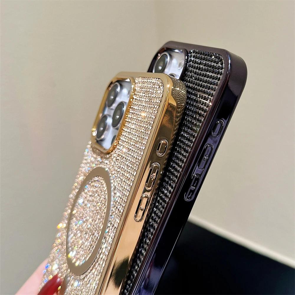 Full Diamond Rhinestones Laser Glitter Magnetic For Magsafe Case For iPhone 15 11 12 13 14 Pro Max Plus Charging Plating Cover