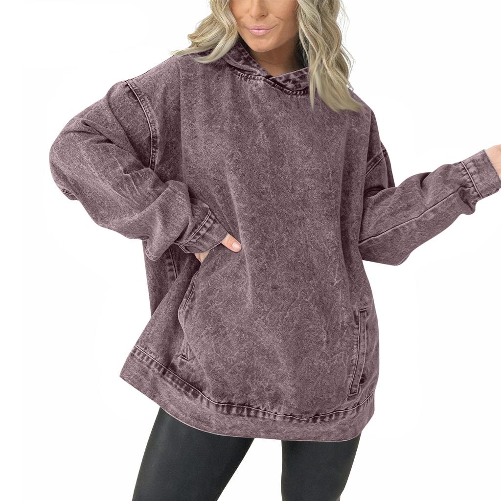 Women's Casual Pullover Denim Jacket Vintage Distressed Jean Hoodie Jacket Tops