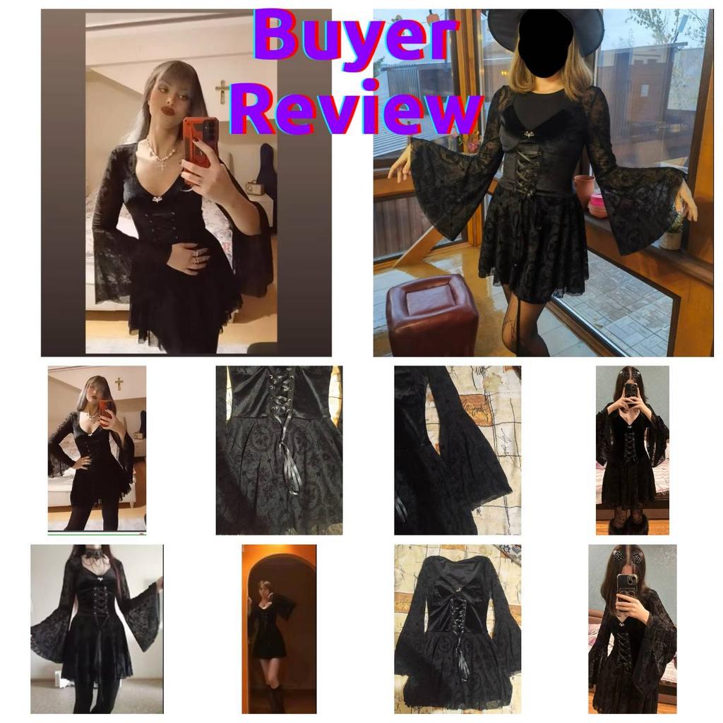 Gothic Goth Dark Elegant Vintage Velvet Dress Grunge Punk Bandage Women Flare Sleeve Party Outfit