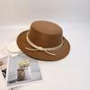 New Leather Rope Flat-top Woolen Top Hat Women's Autumn and Winter Temperament Elegant and Fashionable Versatile Flat-brimmed Felt Hat Men's Stage
