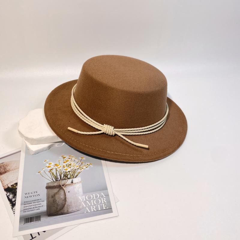 New Leather Rope Flat-top Woolen Top Hat Women's Autumn and Winter Temperament Elegant and Fashionable Versatile Flat-brimmed Felt Hat Men's Stage