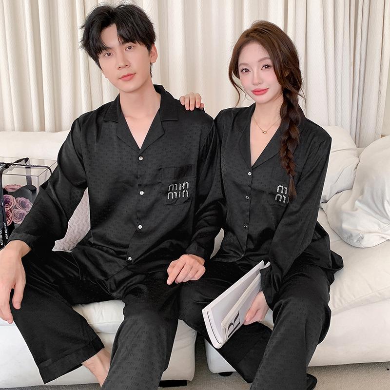 2025 Ice Silk Couples Pajama Set - Thin, Solid Color, Long Sleeve & Pants, Versatile Indoor/Outdoor Wear