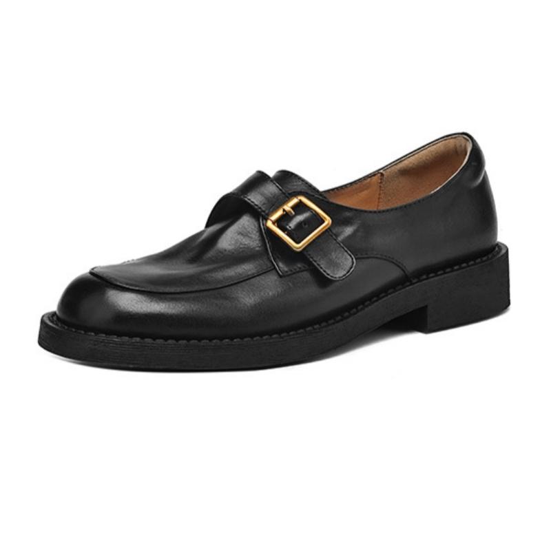 Fashion Hot Sale Women's Cow Leather Metal Buckle Round Toe Slip On Flat Shoes High Quality Soft Comfortable Loafers Casual Daily Famale