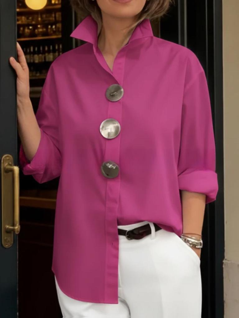 New Spring/Summer Solid Color Stand Collar Metal Button Long Sleeve Shirt