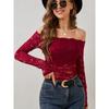 Women's Elegant Scalloped Neck Edge One Neck Strapless Lace Slim Slim T-Shirt Long Sleeve Top