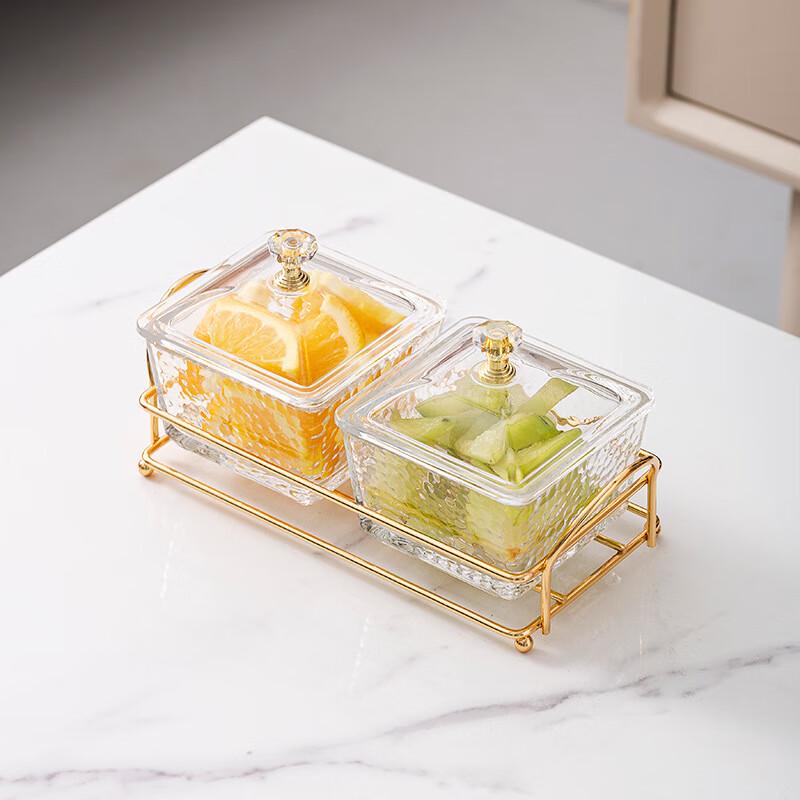 Hammered Glass Snack & Fruit Serving Dish with Gold Stand and Lid 1 Set