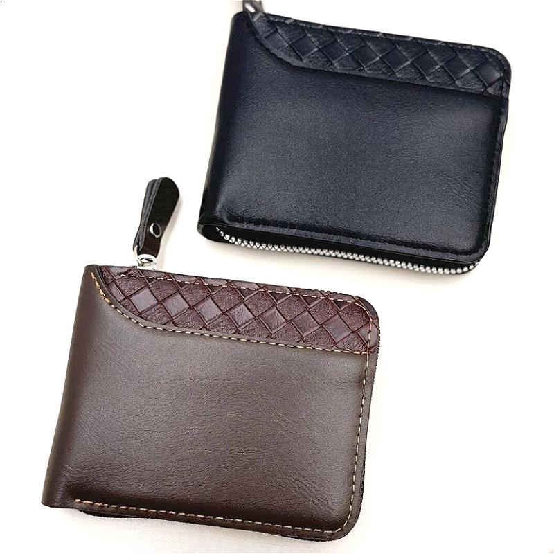 Herren Vintage PU Leder Geldbörse Reißverschluss Dreifach gefaltet Kurze Geldbörse Gewebtes Patchwork Multi Kartenhalter Münzfach Ausweisfenster Lässige Business Geldbörse