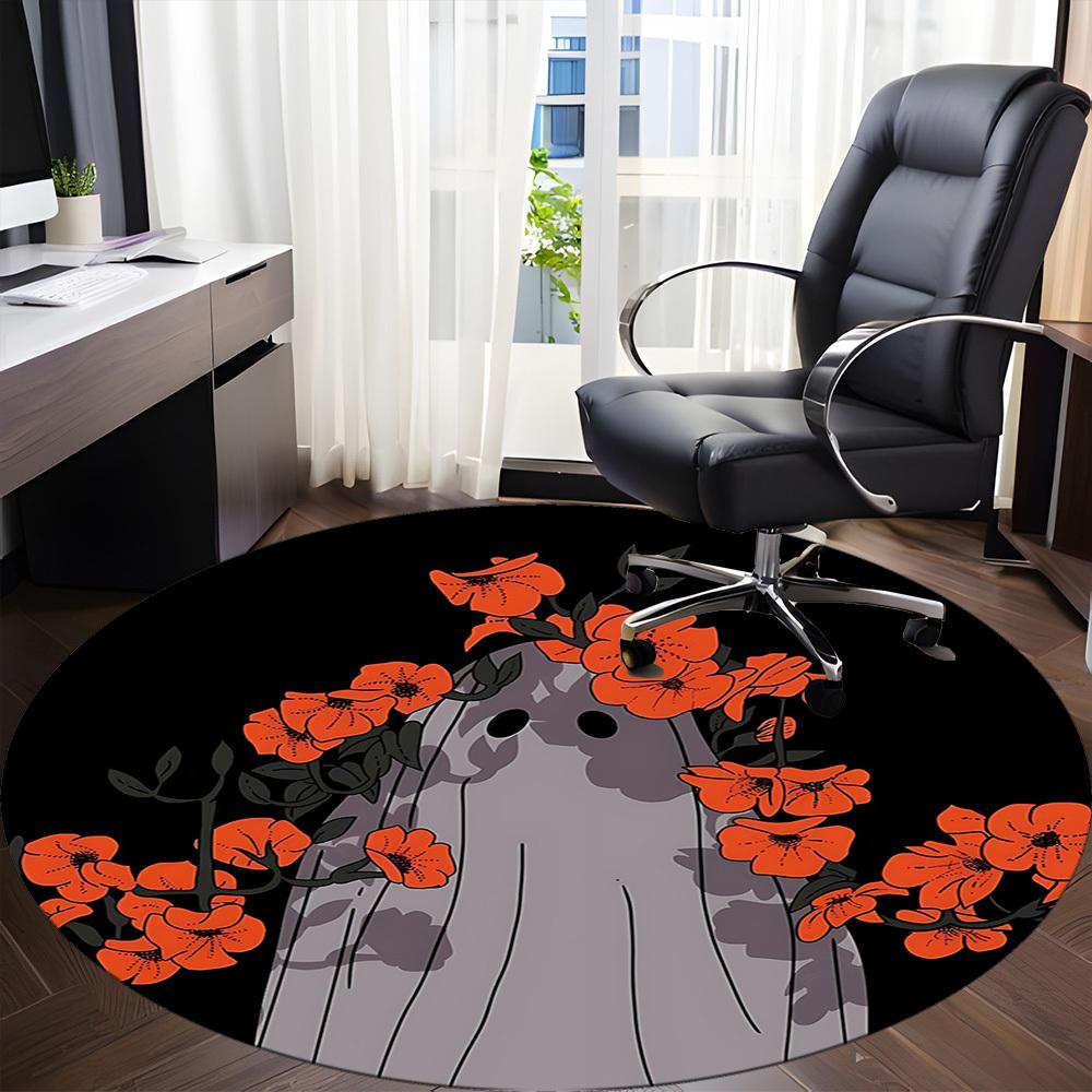 1pc Ghost Flowers Office Round Area Rug, Mat Suitable For Office, Under Office Chairs Bedroom Living Room Home Decor, Room Deco