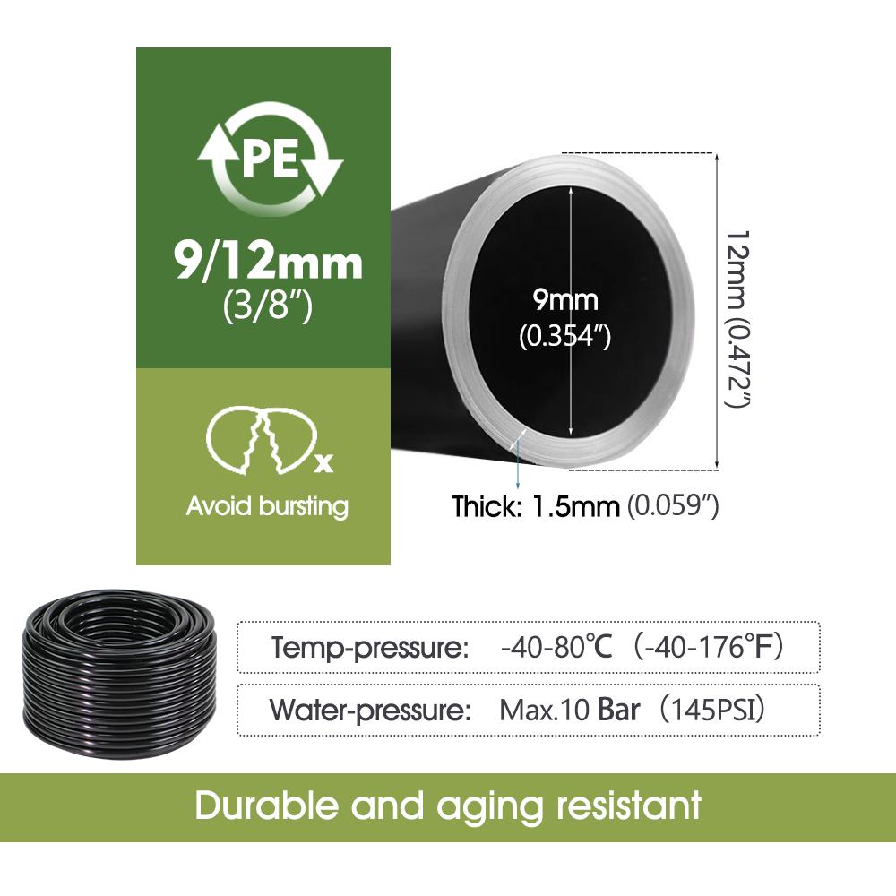 3-50M OD-6mm 8mm 12mm Black PE Hose Pressure-Proof 4/6mm 5/8mm 9/12mm Drip Irrigation Pipe 3/8" 1/4" Garden Plants Watering Tube