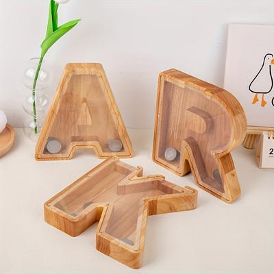 Unique Wooden Transparent Letter Piggy Bank - Creative Coin Savings Jar with English Letter Design, Home Decoration, Gift for Halloween and Christmas