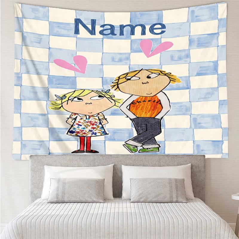 Custom Name Charlie and Lola Print Tapestry, Backdrop, Easy Setup, Ideal for Bedroom, Office & Living Room, with Aesthetic Wall Hanging Decor.