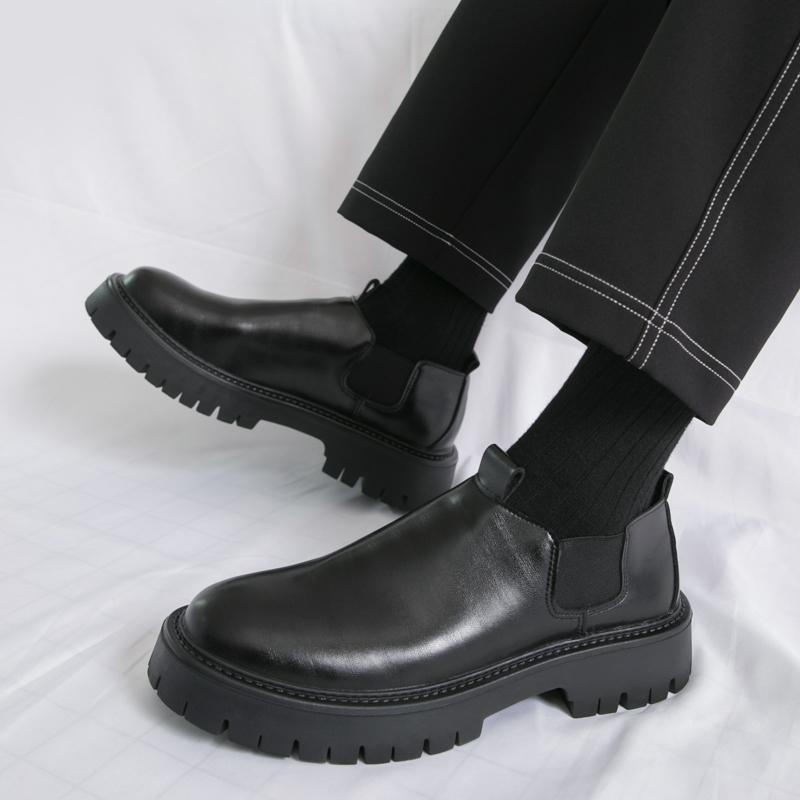 Fashion Loafers Men Casual Retro Le Fu Shoes Black Brown One-foot Thick-soled Anti-slip Height-increasing Brand Leather Shoes Size 38-46