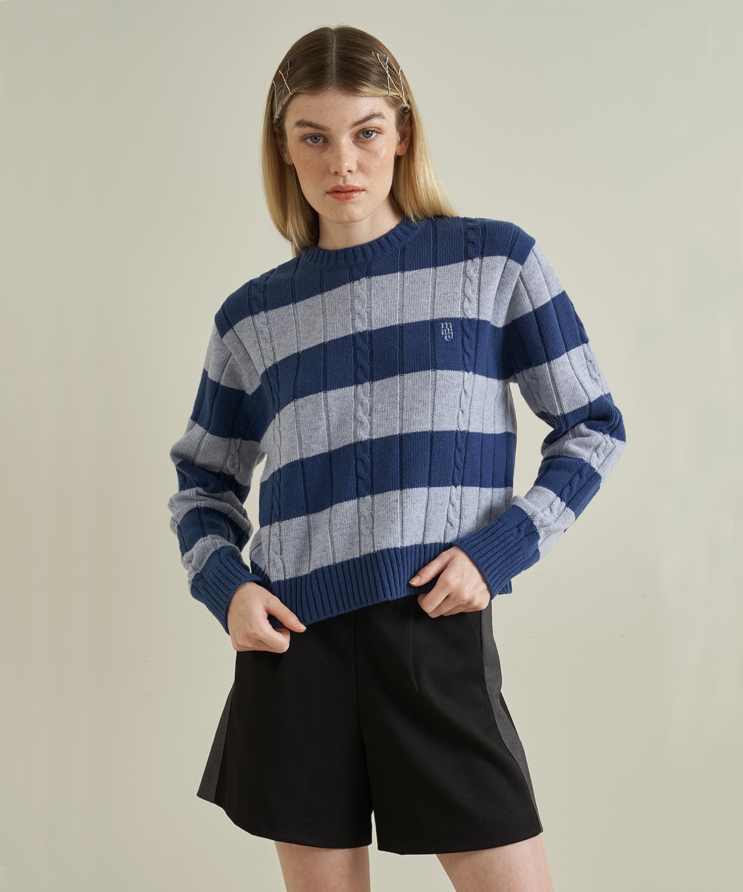 Marje Cable Knit Stripe Merino Wool Knit Blue