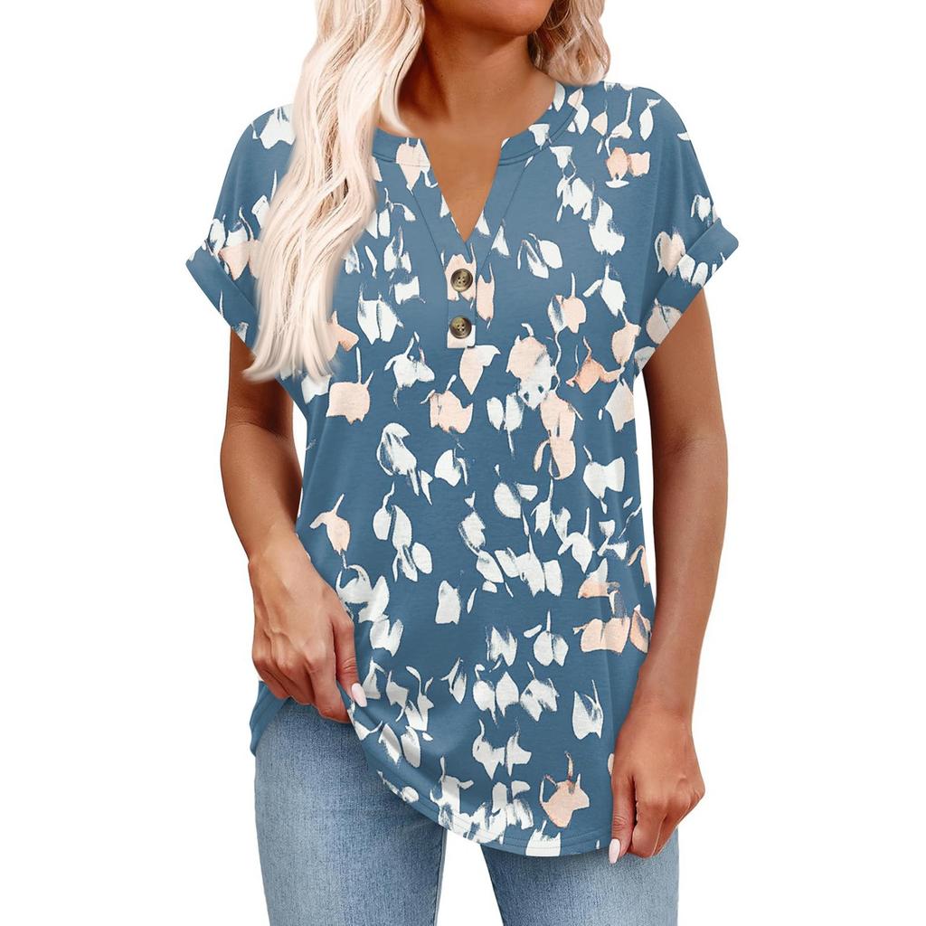 Dámský módní ležérní krátkorukávový svetr s výstřihem do V, na knoflíky, s potiskem