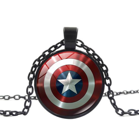 Avenger Captain America Shield Cabochon Glass Pendant Chain Necklace чёрный