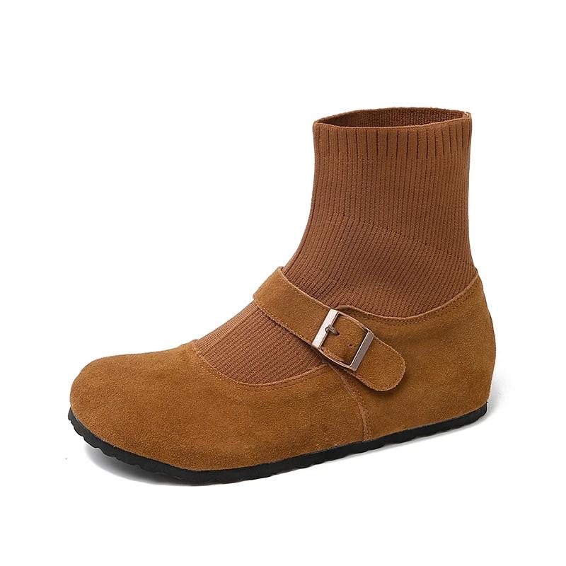 Fashion Women's Flat Boots Round Toe Belt Buckle Soft Suede Leather Shoes Women Leisure Dress Fashion Retro Flats Zapatillas De Mujer