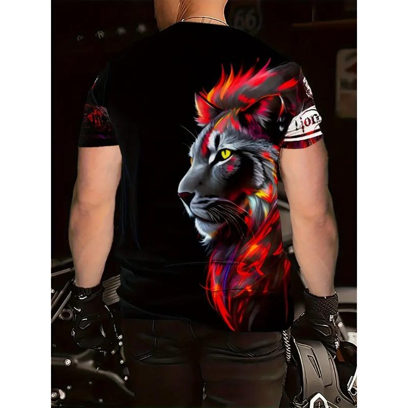 Men's 3D Printed T-shirt Casual Round Neck Lightweight Summer Trend Fashionable Versatile Lion Patterned T-shirt