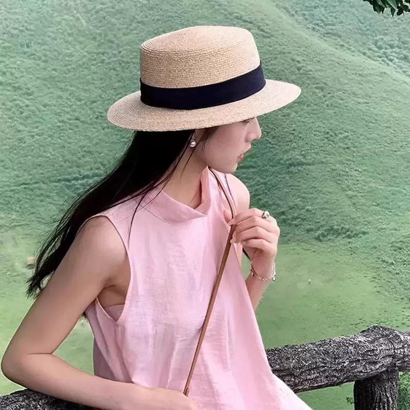 Flat top straw hat summer seaside vacation beach hat sun protection big head circumference retro temperament fashion sun protection hat
